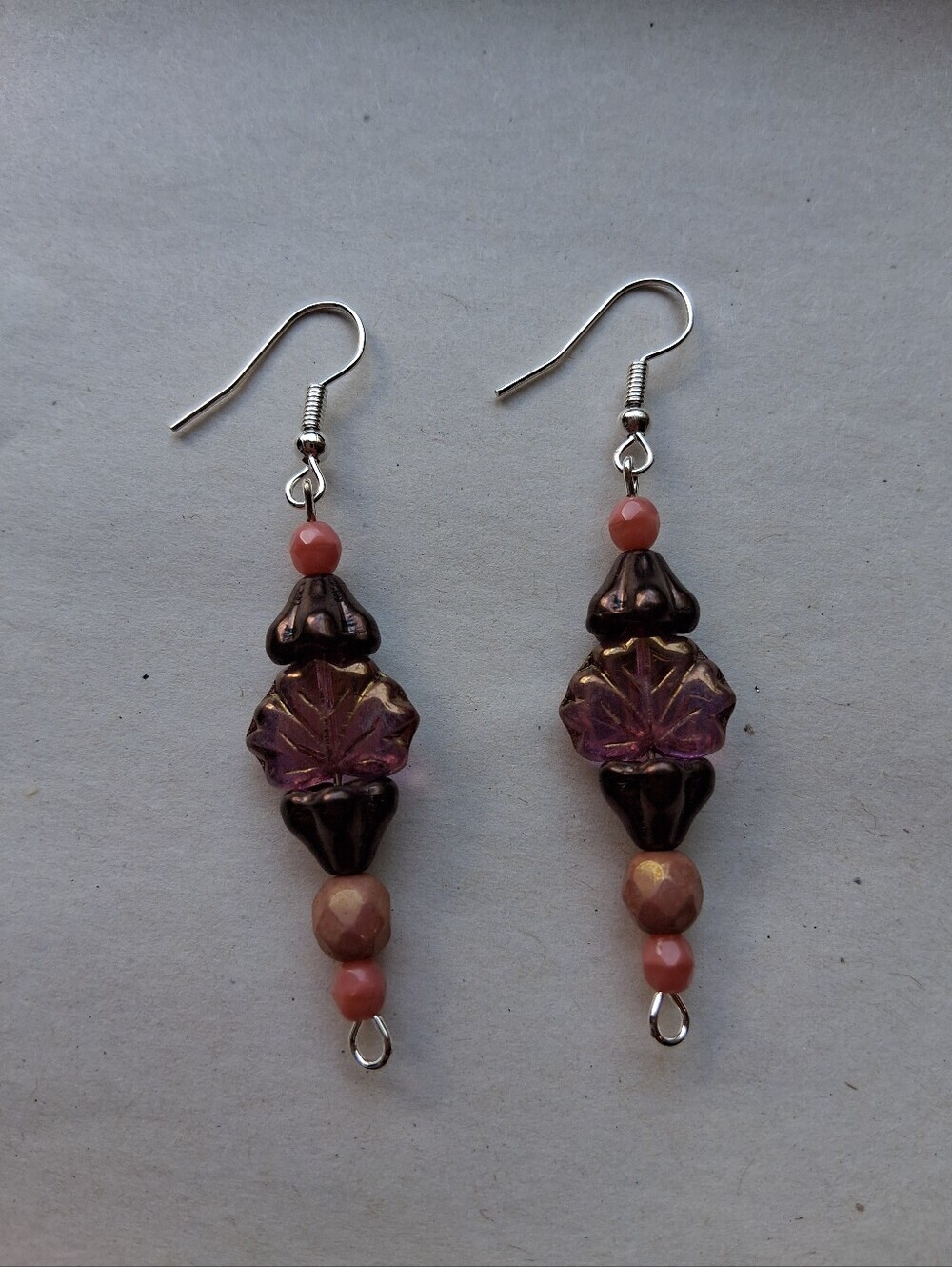 Hand Crafted Purple and Coral Leaf Bead Dangle Earrings